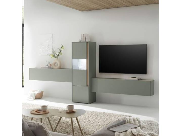 Lomadox Wohnzimmer Set in grün mit Eiche inkl. Beleuchtung, 3-teilig mit Vitrine, Hängeschränke