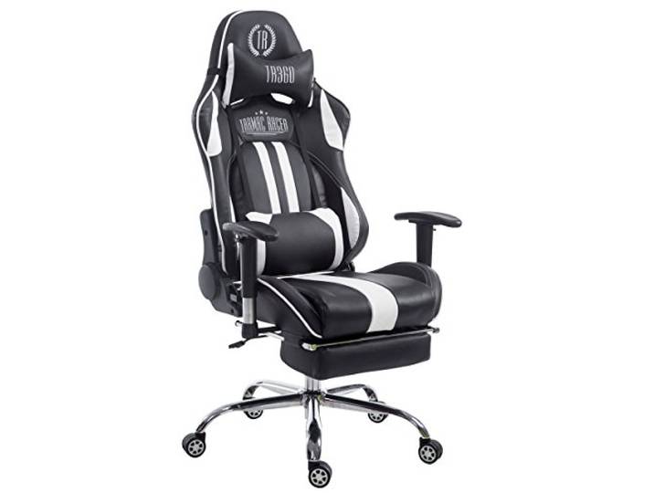 CLP Gaming Bürostuhl XL Limit mit Kunstlederbezug I Gamingstuhl mit Metallgestell I Schreibtischstuhl höhenverstellbar, Farbe: schwarz/weiß, Fußablage: mit Fußablage