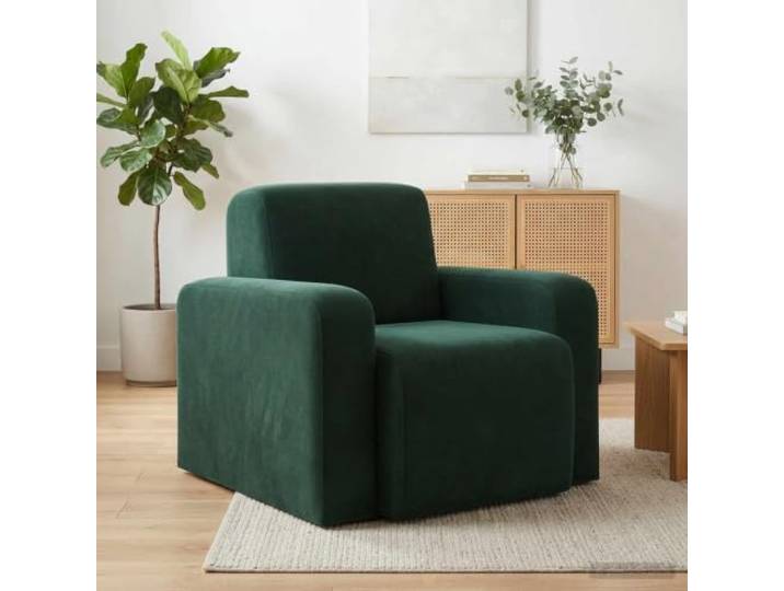 Sessel aus dunkelgrünem Samt mit Rahmen und Schaumstoffkissen Modernes Design, Wohnzimmer oder Schlafzimmer, weiche Haptik, luxuriöse Optik, einfache Reinigung