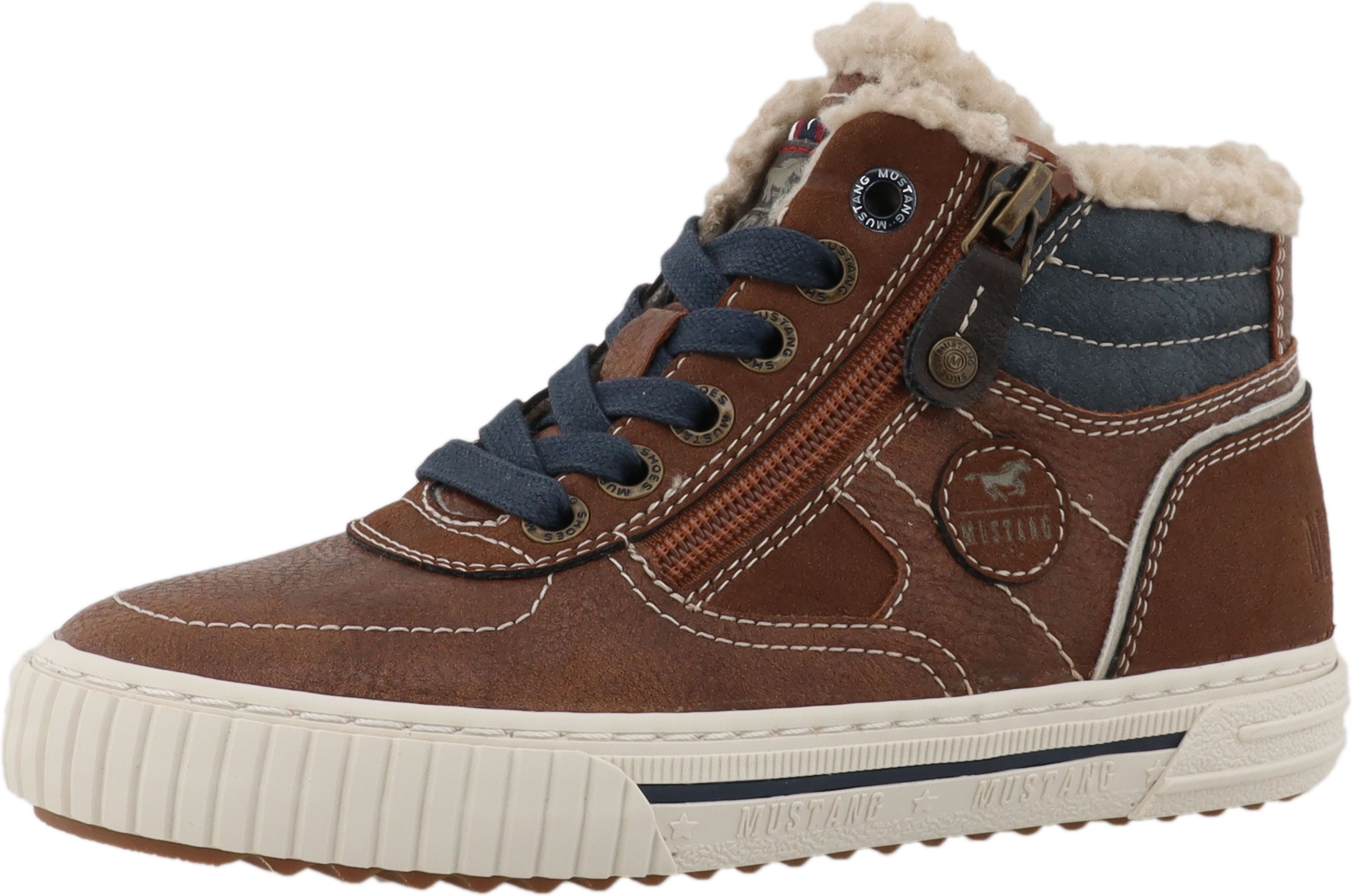 Sneaker MUSTANG SHOES "Ezio", Jungen, Gr. 34, Warmfutter, braun, Lederimitat, unifarben mit Farbeinsatz, Schuhe Sneaker, High Top Sneaker, Schnürboots mit Reissverschluss braun 34, Warmfutter