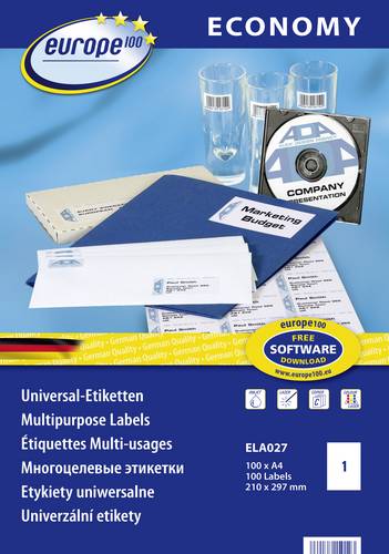 Europe 100 ELA027 Universal-Etiketten 210 x 297mm Papier Weiß 100 St. Permanent haftend Tintenstrahldrucker, Laserdrucker