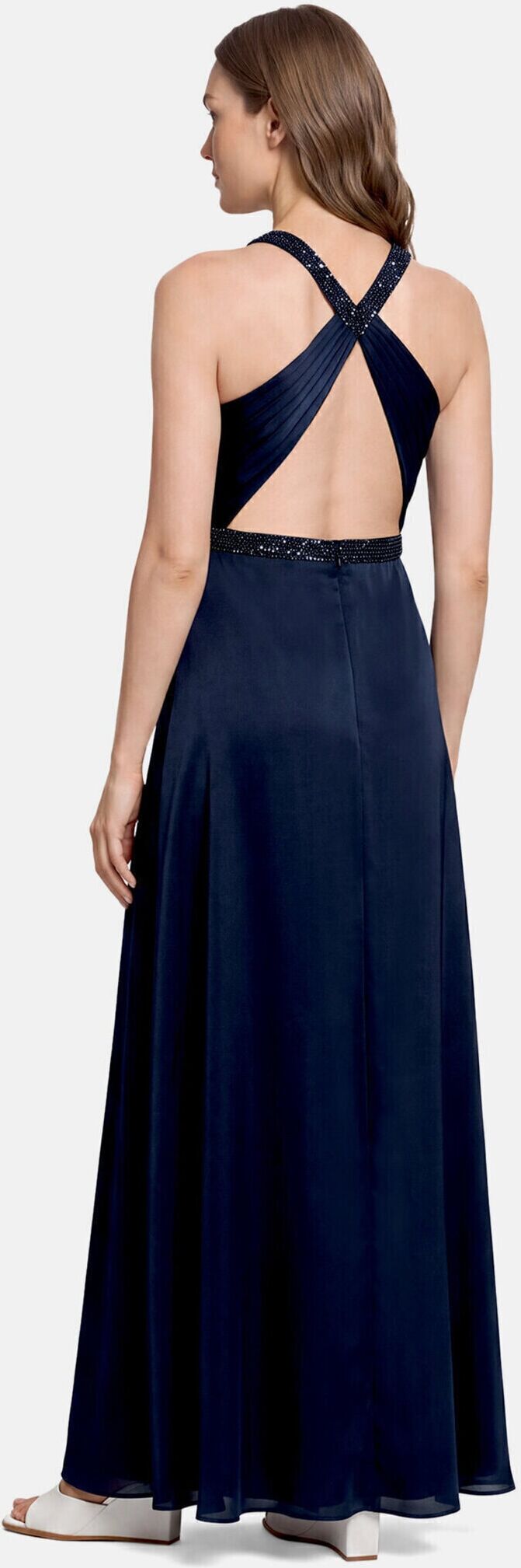 Abendkleid VERA MONT "Damen rückenfrei", Damen, Gr. 38, Normalgrößen, blau (night sky), Chiffon, Obermaterial: 100% Polyester. Futter: 100% Polyester, festlich, ausgestellt lang, amerikanischer Ausschnitt, Kleider Abendkleid, Pailletten