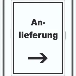 HB-Druck Anlieferung Aufkleber mit Text und Richtungspfeil rechts Annahme hochkant A1 (594x841mm)