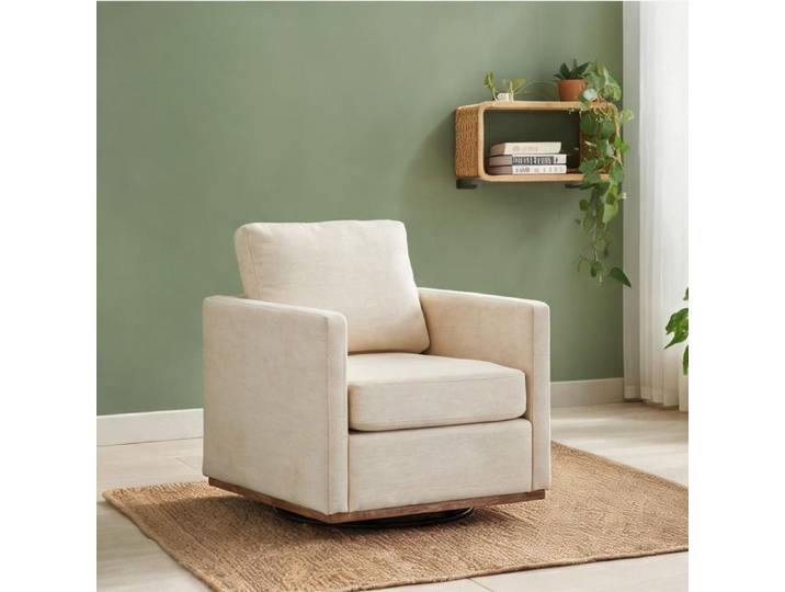 Fauteuil club pivotant à 360° en chenille beige design carré pour salon et chambre