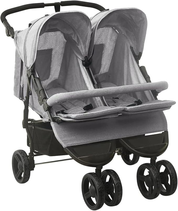 Geschwisterwagen, Zwillingskinderwagen, Geschwisterbuggy, Doppelkinderwagen, Double Stroller, Hellgrau Stahl