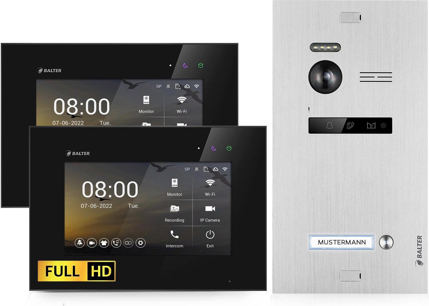 HD Video Türsprechanlage für 1 Familienhaus, 2x Monitore, Balter EVO HD Schwarz