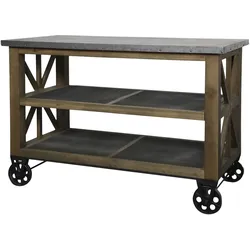Chic Antique Kücheninsel auf Rädern mit Zinktop und Regalen, 120 x 59,5 x 90 cm