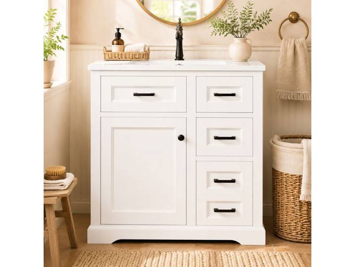 Meuble sous-vasque avec lavabo - 76 x 47 x 82 cm - Blanc - Surface laquée résistante à l'eau