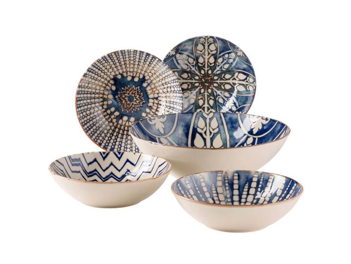 Mäser Salatset Iberico Blue, Blau, Weiß, Keramik, 5-teilig, rund, 36.5x36.5x31.5 cm, lebensmittelecht, Geschirr, Schalen & Schüsseln, Salatschüsseln