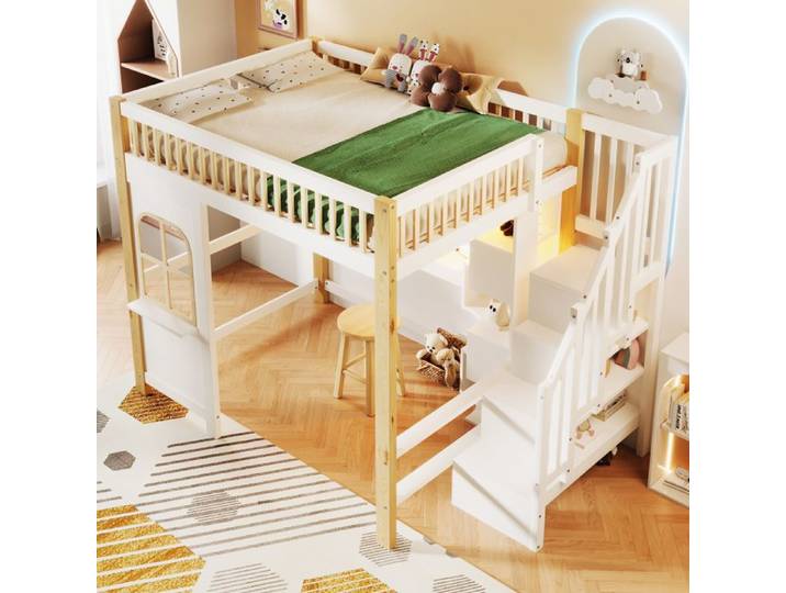 Lit mezzanine enfant 140 x 200 cm - MAISENTIEL - Maisentiel - Bureau intégré - Rangements & escalier - LED intégrée