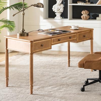 HULALA HOME Derk 60''W Transitional 3-Drawer Fluted Simple Assembly Desk with Charging Station and Cable Management