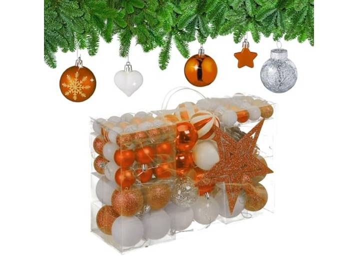 Relaxdays Boules de Noël\, Lot de 101\, en Plastique\, décoration de Sapin\, cœurs\, étoiles et cimier\, Orange et Blanc