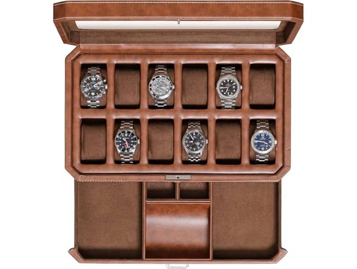 ROTHWELL Uhrenbox aus Leder mit 12 Fächern und Schublade - 12 Fächer Luxus-Uhrenkasten Mikro-Samt-Leder-Display-Schmuckkasten Herren-Accessoire-Halter Schmuck-Organisator Tan Braun