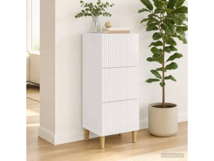 Schubladenschrank Hochglanz Weiß 33 x 34,5 x 90 cm aus Holzwerkstoff Vintage-Stil, kegelförmige Beine, rechteckige Form, pflegeleichte Oberfläche, vielseitig einsetzbar