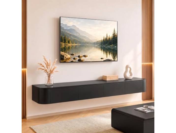 Ribanedy Modernes Schwebendes TV-Regal Wandmontierte Unterhaltungsmedien-Konsole Großes Aufbewahrungs-TV-Bank für Wohnzimmer & Büro (Schwarz, 240cm)