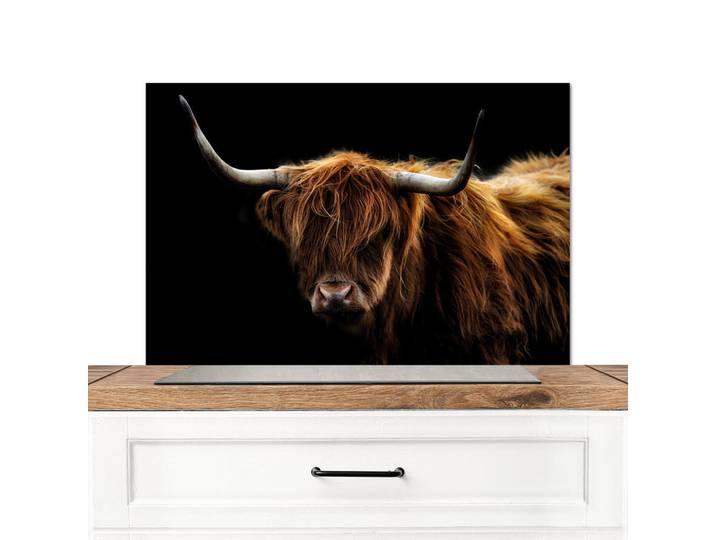 MuchoWow Spritzschutz Küche Schottischer Highlander - Hörner - Schwarz - Tiere - Natur - Wild - Kuh 90x60 cm, Cognac, Metall, Rechteckig, 90x0.3x60 cm, rostfrei, Küchenzubehör, Küchenhelfer, Küchenutensilien