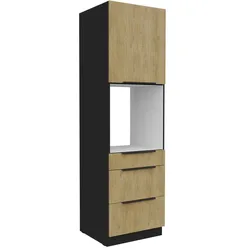 Küchen Hochschrank 60 cm CREMONA Eiche + Schwarz Küchenzeile Küchenblock Küche