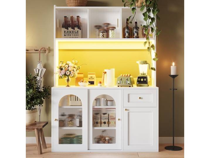 Armoire de cuisine - vitrine - buffet avec étagères réglables - buffet avec éclairage LED - blanc