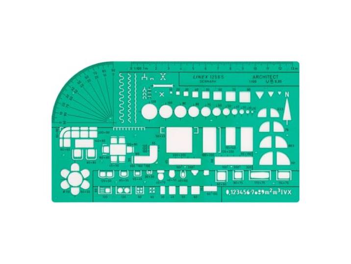 Linex Architect-universele sjabloon, schaal 1:50, inktnoppen, versch. symbolen, 100414314, groen, 200x115mm