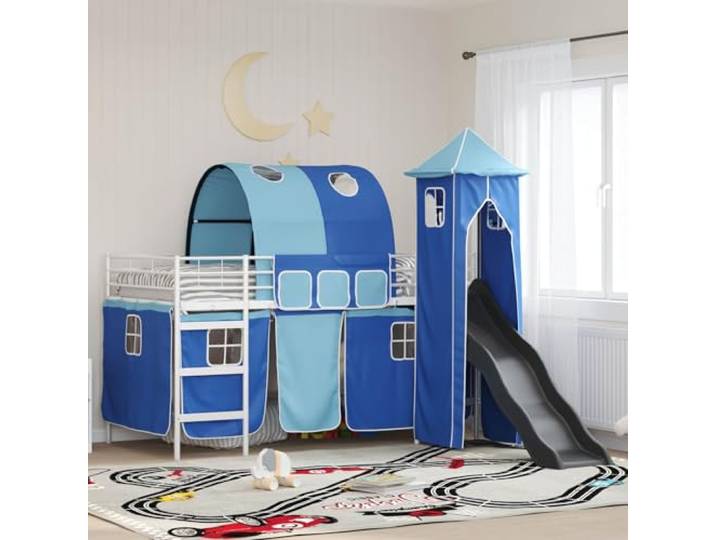 Metallrahmen mit Vorhängen Rutsche und Turm Kinderzimmer Wohnung 99 5 x 200 Kinderloftbett Weiß und Blau 99,5 x 200 cm Metall Hochbett mit Rutsche Vorhänge Turm Torbogen Stufen Inklusive Matratze