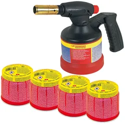 Rothenberger, Lötgerät, RoFlame Lötlampen Set mit Piezozündung inklusive 4 Stech-Gas Kartuschen mit ILL-Sicherheitssystem (Lötlampe)