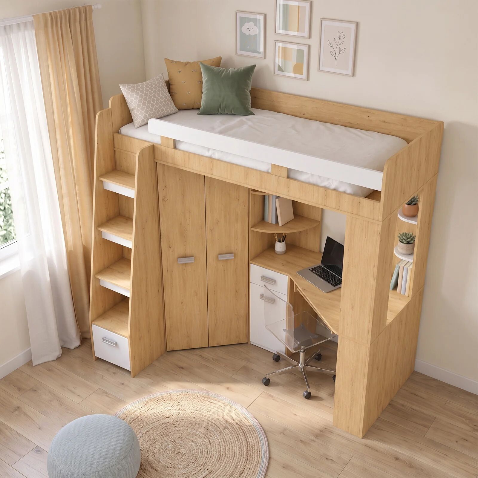 garneroarredamenti Letto a soppalco 204x120cm sinistra quercia bianco Dollie Gihome®