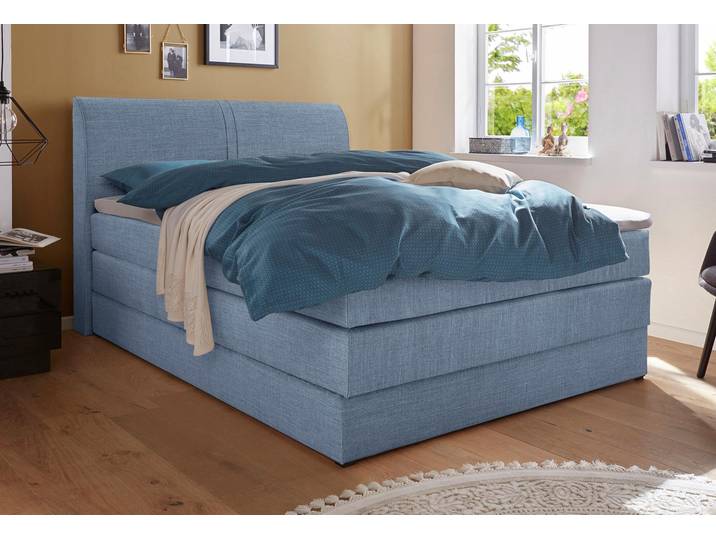 Boxspringbett, Feinstrukturstoff, Hellblau, 140×200 cm, 7-Zonen-Matratze, Landhaus, Hapo