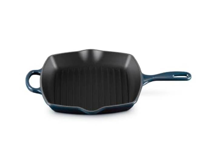 LE CREUSET Signature emaillierte Gusseisen-Grillit-Pfanne mit zusätzlichem Griff und zwei Ausgießern, für alle Herdarten und Backöfen, 26 cm, Nuit