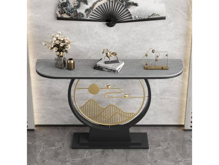 Moderner Konsolentisch, schmaler Flurtisch mit Steinplatte, Metallgestell Stabile Steinplatte, platzsparendes Design, robuster Metallrahmen, vielseitig einsetzbar(Black-D,47.2in*11.8in)