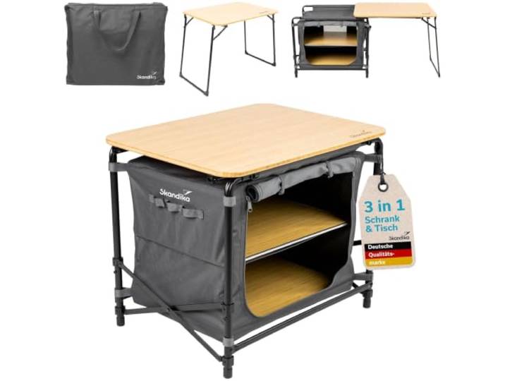 Skandika Campingschrank Skogard 3-in-1 Design, Bambus Arbeitspatte, Outdoor Schrank faltbar, 2 Einlegeböden, Tragetasche Klapptisch kompakt, Campingküche, Outdoor Küche, Camping Zubehör, Zelt