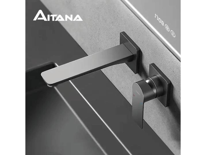 Robinet de salle de bain encastré de luxe AITANA en laiton noir, design mural simple, mitigeur de lavabo à double trou pour eau chaude et froide