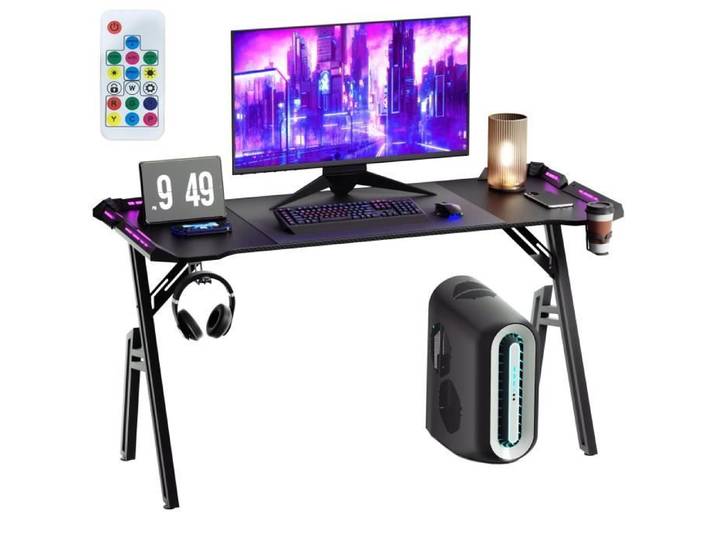 Bureau de gaming - YRHOME - 140 cm - LED RGB - Design en A - Surface en fibre de carbone