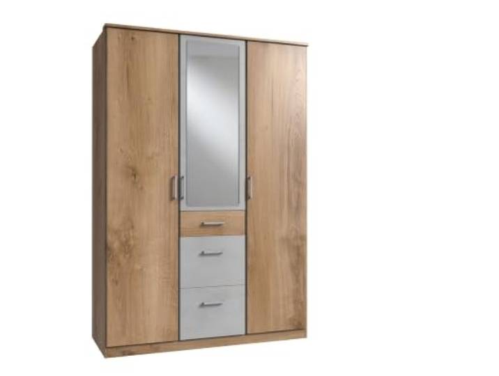 Kleiderschrank Click Plankeneiche mit Beton Lichtgrau 135 cm Breite, mit Spiegel