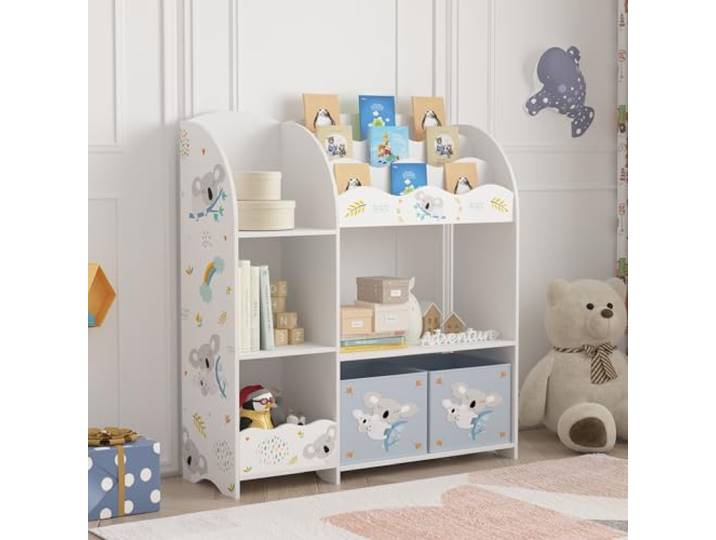 [en.casa] Kinderregal Lysekil Bücherregal für Kinder mit 2 Aufbewahrungsboxen Spielzeugregal 100 x 93 x 30 cm Spielzeug Aufbewahrung Koala Motiv