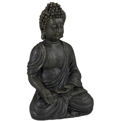 Relaxdays Buddha Figur sitzend 18cm, Dekofigur für Wohnzimmer und Bad, feuchtigkeitsresistent, Kunststein, dunkelgrau