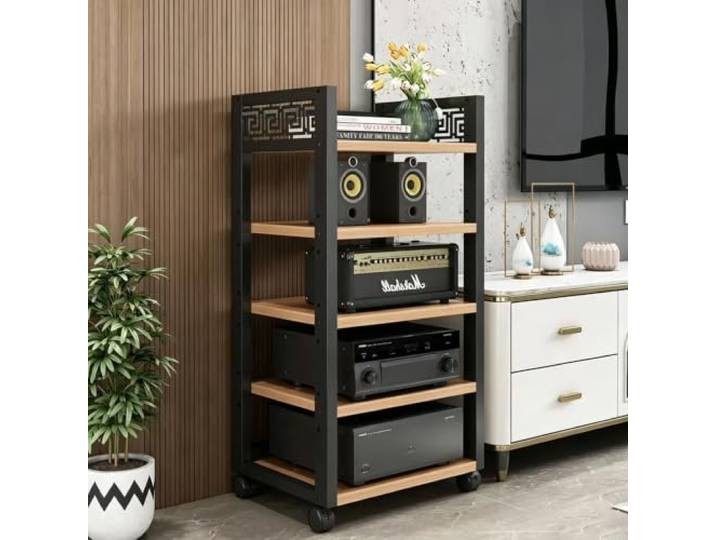 Mehrstufiger AV-Medienschrank, fahrbares Stereo-Regal für Audioanlagen 4-stufig verstellbare Böden, stabiler Holz-Metall-Aufbau, leichtlaufende Rollen(Light Walnut,19.7x15.7x42.5in)