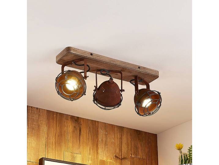 Lindby Deckenspot Farovi, rost, 45 cm, 3-flammig, Holz, GU10 Farovi Lindby, dimmbar, braun / rost, für Wohn- / Esszimmer, Holz, Industrielles Design