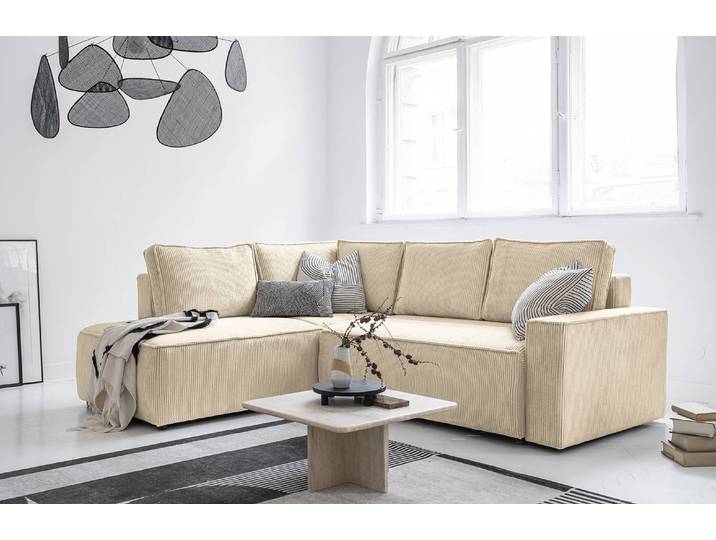 Ecksofa mit Ottomane Beige Cordstoff Poppy 247 x 89 x 194cm Ecke davorstehend links Modern