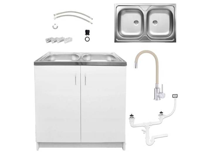 Stamar Möbel Spüle mit Unterschrank 80 cm Weiß Küchenspüle 2-Kammer & Edelstahl-Spülbecken kompakter Spülenunterschrank für Küche, Standschrank 49 cm Tiefe Siphon Montagefertig