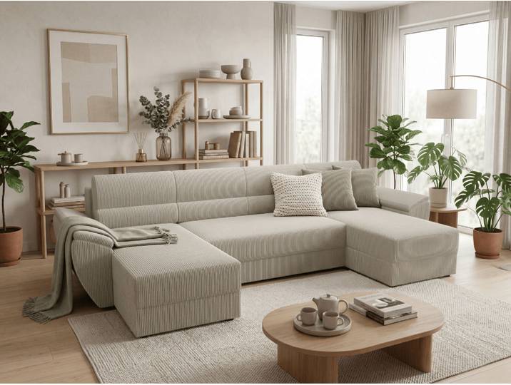 AKTION Ausziehbare Wohnlandschaft in U-Form TAVERO 321x140 cm, hellbeige II. Wahl