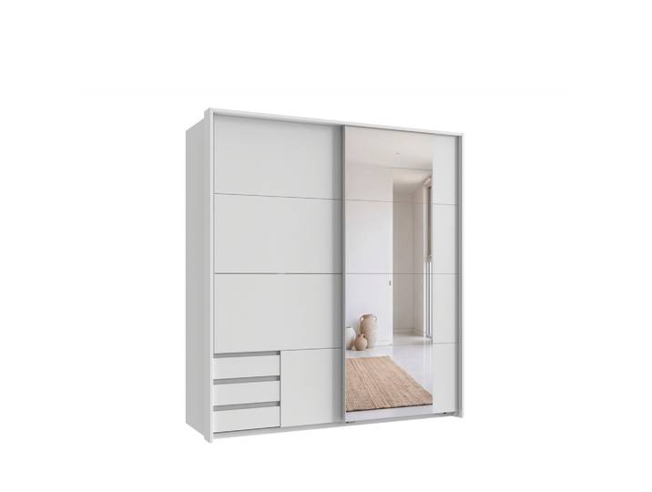 SCHWEBETÜRENSCHRANK 2-türig B183/H200/T65 cm, Passepartout-Kleiderschrank in Weiß mit sichtbaren Schubkästen & Spiegel / 22709