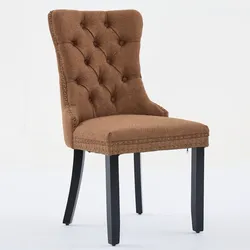 Merax Polsterstuhl 2er Set, Esszimmerstuhl Stoff Leinenoptik braun, Massivholz Beine, mit Knopfheftung & Nieten, Küchenstuhl elegant