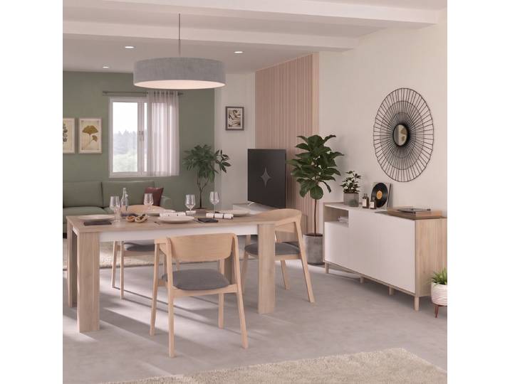 Altobuy – Ensemble Séjour Table Repas 160cm – Buffet 3 Portes Blanc Et Chêne Clair – Design Minimaliste Années 50 – Rangement Asymétrique