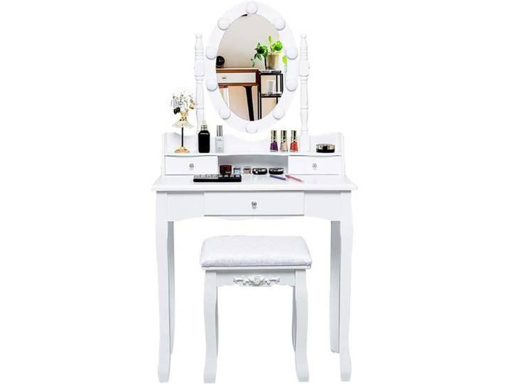 RELAX4LIFE Ensemble Coiffeuse LED en Bois avec Tabouret Table de Maquillage Moderne avec Miroir et 3 Tiroirs Blanc