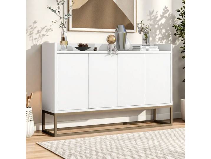 Buffet bahut - TANANT - 4 portes - Blanc - 120x30x80cm - Style moderne scandinave