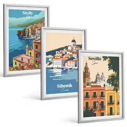 BILDER SET 3er Set - 40x60 cm Silberner Rahmen - Stadtlandschaften mit Gebäuden