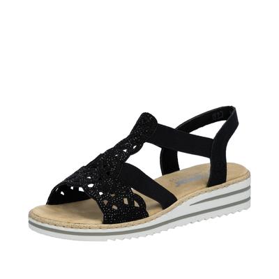 Sandale RIEKER, Damen, Gr. 42, schwarz, Nubuklederimitat, Textil, unifarben, Schuhe Sandale, Keilsandalette, Sommerschuh, Urlaubsschuh mit Glitzersteine