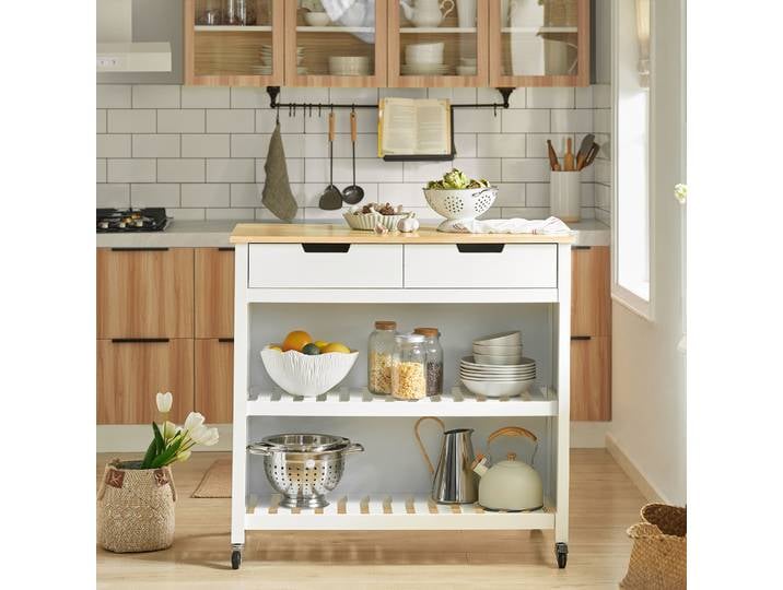 SoBuy FKW74-WN chariot de service avec chariot à roulettes cuisine étagère de cuisine étagère sur pied cuisine blanc-naturel 98x94x58CM