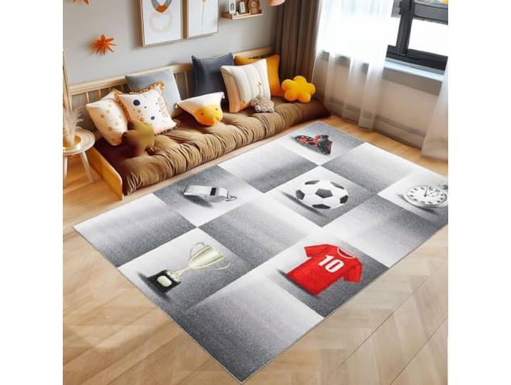 SIMPEX Tapis Enfant Gris 160x230 cm Design Football Moderne Antidérapant Lavable Facile Entretien Doux Antiallergique Chambre Garçon