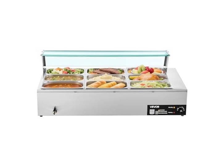 VEVOR kommerzieller Speisenwärmer (9 x 1/3 Größe Behälter), 1,5 kW elektrischer Wärmebehälter aus Edelstahl mit Glasabdeckung & Suppenkelle, Chafing Dishes für Catering Restaurant Party